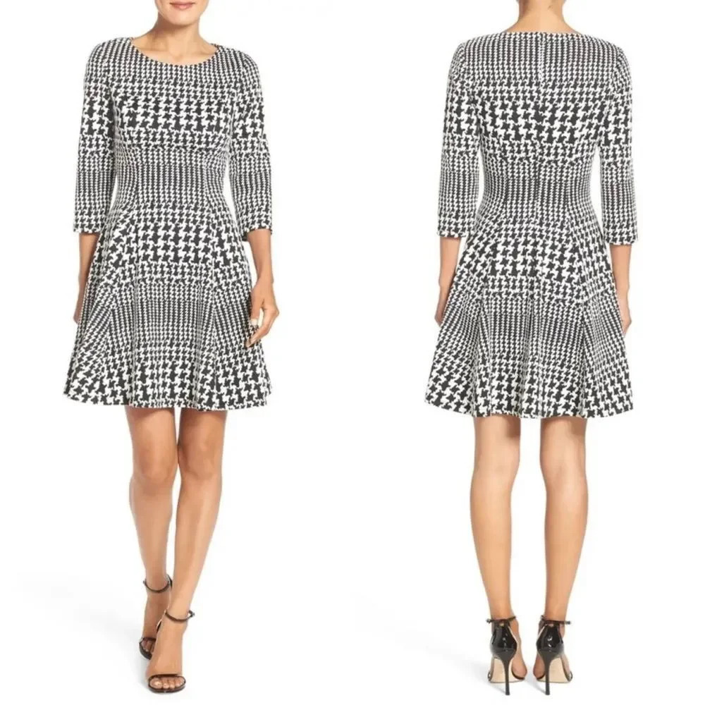 NEW Eliza J Houndstooth Fit And Flare Dress